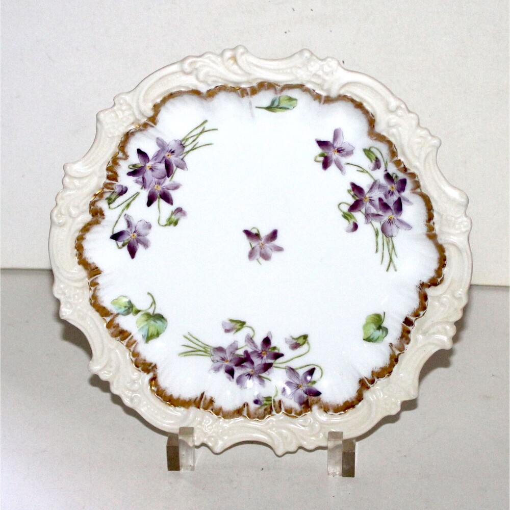 Antique T&V Limoges Porcelain decorative dish France Violets scalloped gold edge